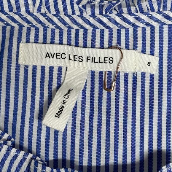 NWOT | Avec Les Filles | Stripe Button-Down Ruffle Top | Blue/White | Small - Picture 6 of 11